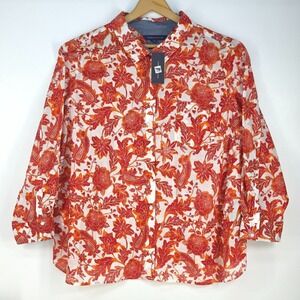 Tommy Hilfiger Roll-Tab Floral Heritage Shirt Womens 2X Boho Peasant Mom Classic